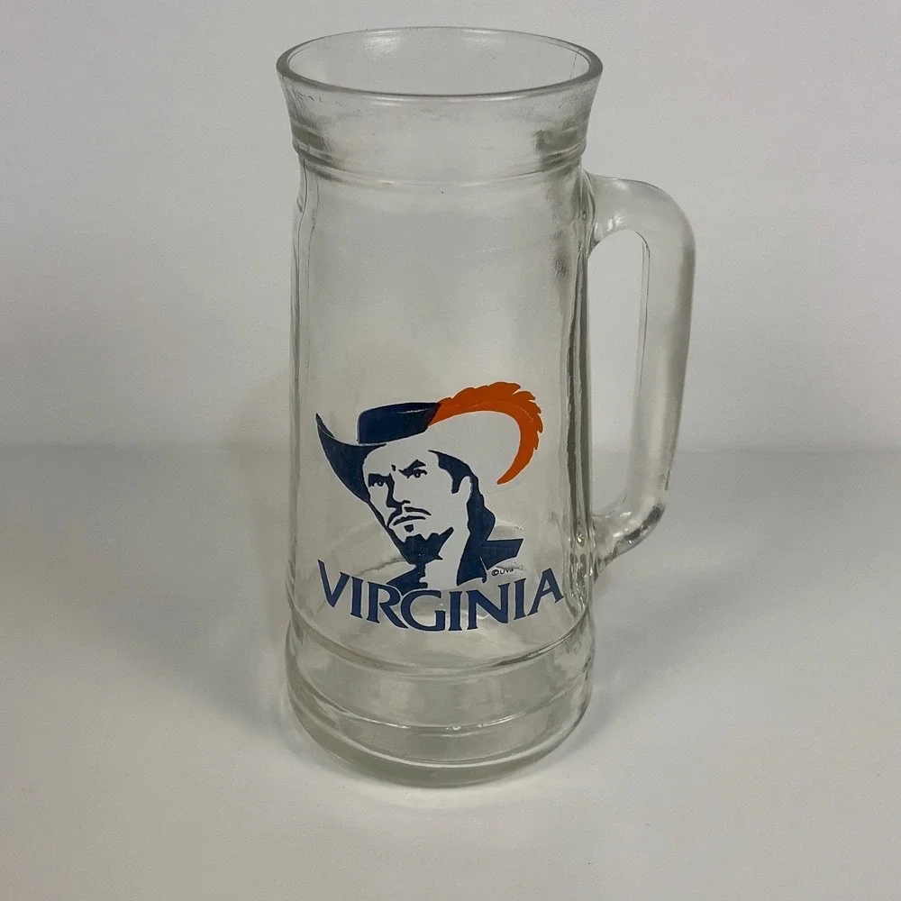 Vintage UVA‎ Virginia Cavaliers Glass Beer Stein Mug Cavalier Logo Barware 16 oz